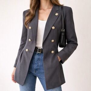 VTG 90s Albert Nipon Blue Wool Double Breasted Steampunk Blazer Dress Womens 8